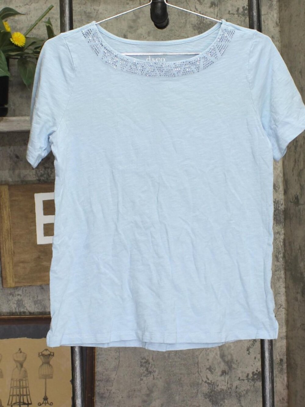 Denim & Co, Linen Blend Knit Top with Neck Embellishment Clear Sky Blue XS